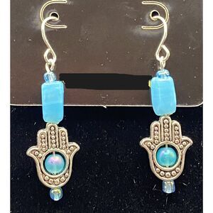 Handmade Hamsa Turquoise Glass & Iridescent Plastic Bead Earrings by Neanie-Bot
